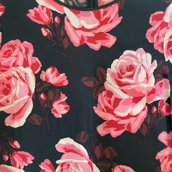 Kate Spade, Floral Ruffle Tiered Black & Pink Rose Print Rosa Shift Dress, Small - Picture 2 of 7